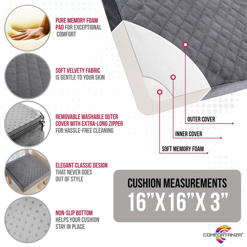 COMFORTANZA Medium-Soft 16x16x3 Memory Foam Seat Cushion for Kitchen, Dining, Office Chairs, Cars - Washable Velvety Cover with Waterproof Layer & Non-Slip Base - Comfort & Back Pain Relief - Brown - Image 3